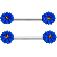 Load image into Gallery viewer, 14G 9/16 Yellow Gem Blue Sunflower Barbell Nipple Ring Set
