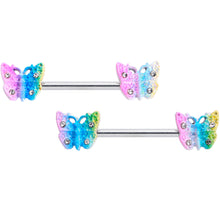 Load image into Gallery viewer, 14G 9/16 Clear Gem Baroque Rainbow Butterfly Nipple Ring Set
