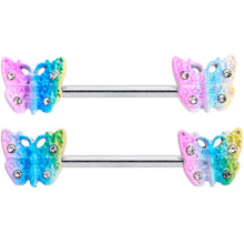 Load image into Gallery viewer, 14G 9/16 Clear Gem Baroque Rainbow Butterfly Nipple Ring Set
