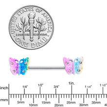 Load image into Gallery viewer, 14G 9/16 Clear Gem Baroque Rainbow Butterfly Nipple Ring Set
