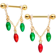 Load image into Gallery viewer, 14G 9/16 Gold Tone Bulb Christmas Chain Dangle Nipple Ring Set
