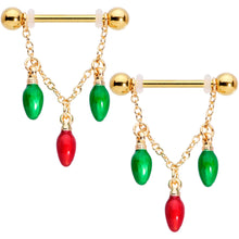 Load image into Gallery viewer, 14G 9/16 Gold Tone Bulb Christmas Chain Dangle Nipple Ring Set
