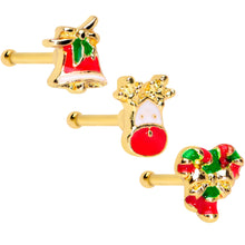 Load image into Gallery viewer, 20G 1/4 Gold Tone Candy Cane Bell Christmas Nose Bone Set of 3
