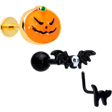 Load image into Gallery viewer, 16G 20G Bat Pumpkin Halloween Cartilage Labret Nose Set of 3
