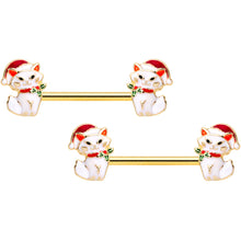 Load image into Gallery viewer, 14G 9/16 Gold Tone Cat Santa Christmas Barbell Nipple Ring Set
