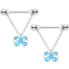 将图片加载到图库查看器，14G 11/16 Aqua CZ Gem Beauty Bow Chain Dangle Nipple Ring Set
