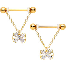 将图片加载到图库查看器，14G 11/16 Clear CZ Gem Gold Hue Beauty Bow Chain Nipple Ring Set
