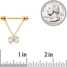 将图片加载到图库查看器，14G 11/16 Clear CZ Gem Gold Hue Beauty Bow Chain Nipple Ring Set
