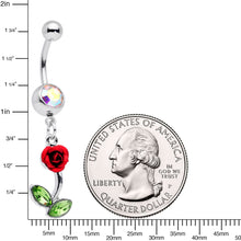 Load image into Gallery viewer, Green Aurora Gem Red Rose Valentines Day Dangle Belly Ring
