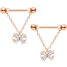 Load image into Gallery viewer, 14G 11/16 Clear CZ Gem Rose Gold Hue Bow Chain Nipple Ring Set
