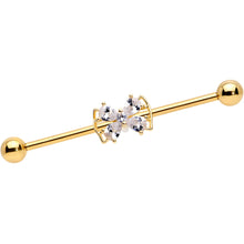 将图片加载到图库查看器，14G Clear CZ Gem Gold Tone Beauty Bow Industrial Barbell 38mm
