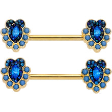 Load image into Gallery viewer, 14G 9/16 Blue Gem Gold Tone Opulent Oval Barbell Nipple Ring Set
