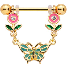 Load image into Gallery viewer, 14G 9/16 Clear Gem Gold Tone Butterfly Flower Nipple Ring Set
