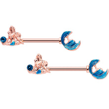 Load image into Gallery viewer, 14G 9/16 Aqua Gem Rose Gold Tone Gazing Mermaids Nipple Ring Set
