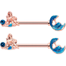 Load image into Gallery viewer, 14G 9/16 Aqua Gem Rose Gold Tone Gazing Mermaids Nipple Ring Set
