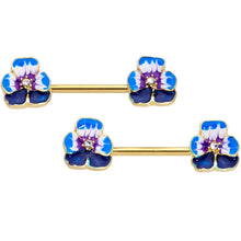 Load image into Gallery viewer, 14G 9/16 Clear Gem Gold Tone Blue Spring Flower Nipple Ring Set
