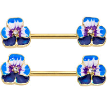 Load image into Gallery viewer, 14G 9/16 Clear Gem Gold Tone Blue Spring Flower Nipple Ring Set
