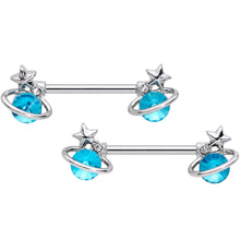 Load image into Gallery viewer, 14G 9/16 Aqua Gem Star Saturn Barbell Nipple Ring Set
