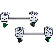 Load image into Gallery viewer, 14G 9/16 Skull White Roses Valentine Barbell Nipple Ring Set
