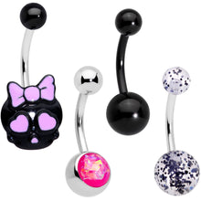 Load image into Gallery viewer, Black Skull Heart Pink Faux Opal Halloween Belly Ring Set of 4
