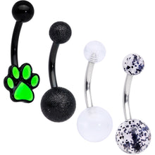 Load image into Gallery viewer, Black Clear Glitter Glow UV Glow Paw Belly Ring Set of 4
