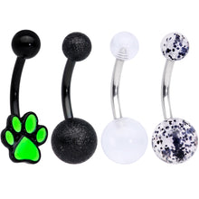 Load image into Gallery viewer, Black Clear Glitter Glow UV Glow Paw Belly Ring Set of 4
