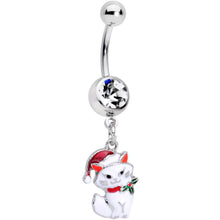 将图片加载到图库查看器，Clear Gem White Cat Santa Hat Christmas Dangle Belly Ring
