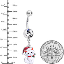 将图片加载到图库查看器，Clear Gem White Cat Santa Hat Christmas Dangle Belly Ring

