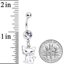 Load image into Gallery viewer, Clear Gem Blue Eyed White Cat Dangle Belly Ring
