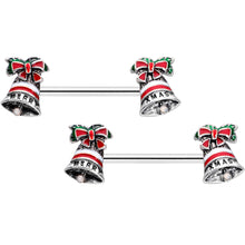Load image into Gallery viewer, 14G 5/8 Red White Green Bell Christmas Barbell Nipple Ring Set
