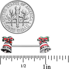 Load image into Gallery viewer, 14G 5/8 Red White Green Bell Christmas Barbell Nipple Ring Set
