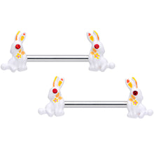 Load image into Gallery viewer, 14G 9/16 Red Gem White Easter Rabbit Barbell Nipple Ring Set
