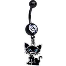 Load image into Gallery viewer, Clear Gem Black Blue Eyed Black Cat Dangle Belly Ring
