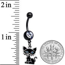 Load image into Gallery viewer, Clear Gem Black Blue Eyed Black Cat Dangle Belly Ring
