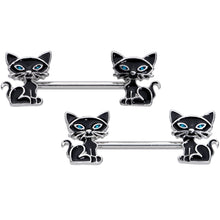 Load image into Gallery viewer, 14G 9/16 Blue Eyed Black Cat Barbell Nipple Ring Set
