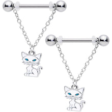 Load image into Gallery viewer, 14G 9/16 Blue Eyed White Cat Dangle Barbell Nipple Ring Set
