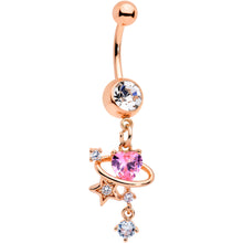 将图片加载到图库查看器，Clear Pink Gem Rose Gold Tone Star Heart Dangle Belly Ring
