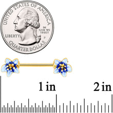 Load image into Gallery viewer, 14G 9/16 Gold Tone White Blue Flower Barbell Nipple Ring Set
