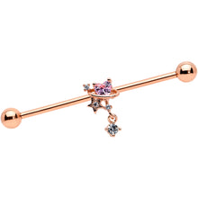 Load image into Gallery viewer, 14G Pink Gem Rose Gold Tone Star Dangle Industrial Barbell 38mm
