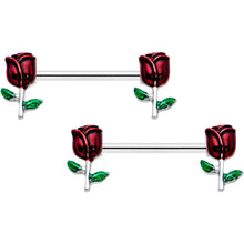 Load image into Gallery viewer, 14G 9/16 Red Rose Flower Valentines Barbell Nipple Ring Set
