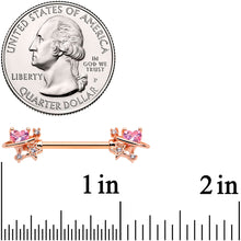 Load image into Gallery viewer, 14G 9/16 Pink Gem Rose Gold Tone Star Barbell Nipple Ring Set
