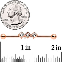 Load image into Gallery viewer, 14G Clear Gem Rose Gold Hue Triple Rhombus Industrial Barbell 38mm
