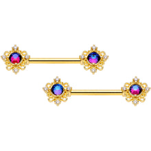 Load image into Gallery viewer, 14G 9/16 Purple Tourmaline Gold Tone Filigree Nipple Ring Set
