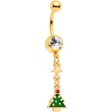 Load image into Gallery viewer, Clear Gem Gold Tone Santa Christmas Tree Dangle Belly Ring Set of 2
