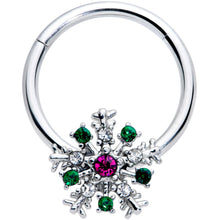 Load image into Gallery viewer, 16G 3/8 Clear Green Pink Gem Snowflake Hinged Segment Ring
