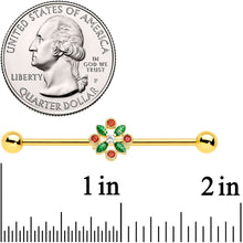 Load image into Gallery viewer, 14G Red Gem Gold Tone Crest Christmas Industrial Barbell 38mm
