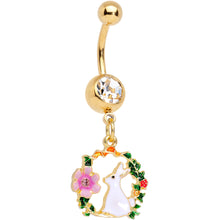 Load image into Gallery viewer, Clear Gem Gold Tone Bunny Rabbit Flower Wreath Dangle Belly Ring
