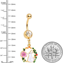 Load image into Gallery viewer, Clear Gem Gold Tone Bunny Rabbit Flower Wreath Dangle Belly Ring
