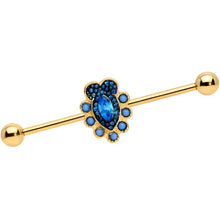 Load image into Gallery viewer, 14G Blue Gem Gold Tone Opulent Oval Industrial Barbell 38mm
