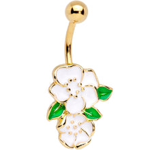 Load image into Gallery viewer, Gold Tone Green Leaf White Spring Flowers Belly Ring
